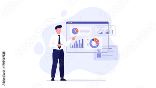 Businessman Presenting Financial Data and Charts on Screen