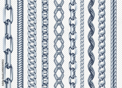 Silver chain seamless borders. Realistic metallic jewelry links, fashion accessory, steel chains for marine design. Glossy repeat chains for bracelet or necklace isolated pattern brushes vector set
