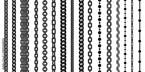 Chain seamless brushes. Twisted braided silhouette links, jewelry borders, fashion apparel patterns. Repeat necklace stripes, bracelet stencil dividers. Vector isolated set