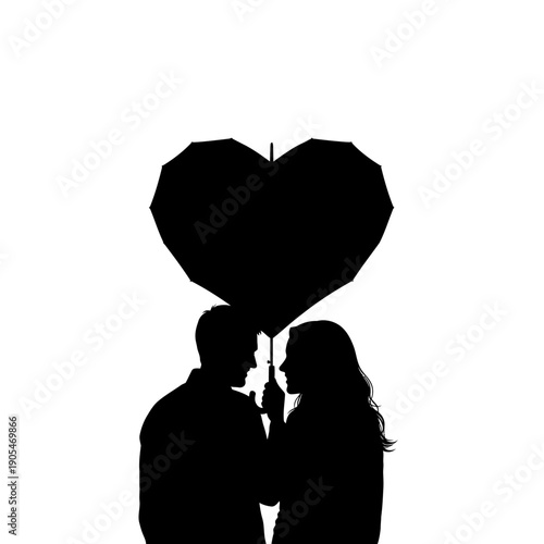 Black silhouette of a couple kissing with a heart shaped balloon, Valentine's Day icon, 