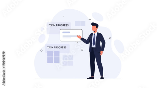 Businessman presenting task progress on digital board, project management concept