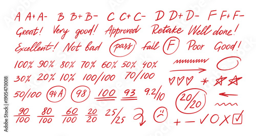 Grade mark. Grading correction doodle, red pen markup and score symbols for school exam test, teacher feedback for university assignment or annotation. Handwritten rating marks isolated vector set