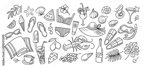 Beach dolce vita doodle set. Hand drawn seafood and cocktail, seaside vacation, summer resort graphics and travel or leisure icons. Fruit, ice cream and swimwear, diving mask isolated vector set