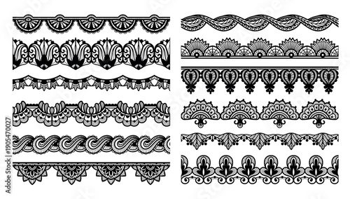 Lace seamless border set with cutwork trim and guipure swirls for vintage invitation, wedding card divider and textile craft or laser cut fabric. Decorative pattern for henna flourishes vector set
