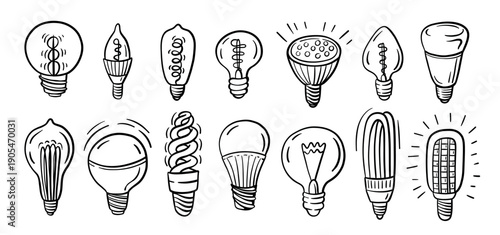 Light bulbs doodle. Idea and business solution, inspiration icons. Electric LED lamp, glass lightbulb and electricity editable outline pictograms. Smart strategy, power symbols. Hand drawn vector set