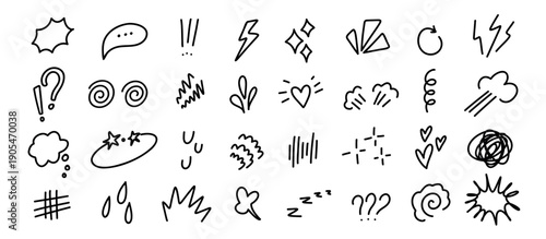 Comic expression doodle set. Reaction marks and motion sparks for manga action, speech bubble and shock or explosion sound. Hand drawn emphasis highlights, speed accents isolated vector set