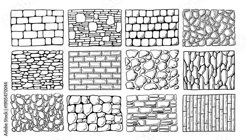 Brick wall doodle. Cobblestone textures, hand drawn hatching vintage wallpaper patterns, game background and rustic construction or landscaping. Outline tiles for facade, pavement surfaces vector set