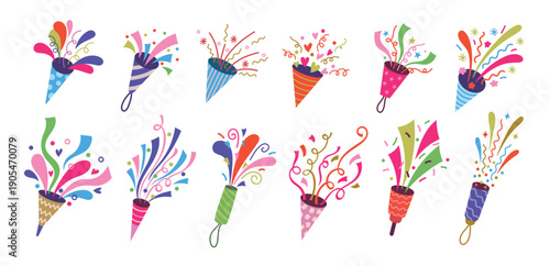Party poppers and confetti. Colorful bursts and serpentine ribbons, firecracker striped cones for party celebration, festive event invitation and holiday decoration. Carnival isolated vector set