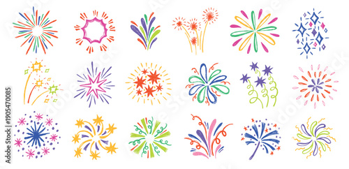Fireworks burst doodle set. Sparkler stars and colorful explosions for celebration event, festive invitation card and party decoration. Hand drawn bright pyrotechnic, confetti vector clipart isolated