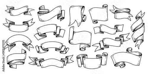 Hand drawn ribbon banner. Scroll doodle with engraved streamers curled banners for vintage certificate border, retro heraldic old emblem. Rustic label frames, retro badges isolated vector outline set