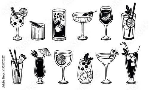 Cocktail doodle. Gin tonic, mojito and margarita, sangria and long island, martini glasses and citrus for bar menu, party and cafe, restaurant design. Hand drawn drink, beverage vector isolated set