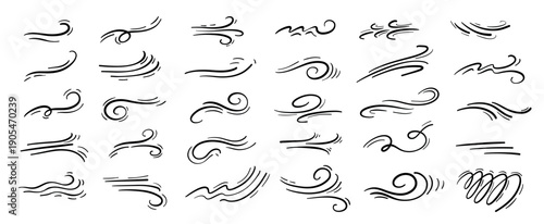 Wind breeze doodle. Swoosh swirls and motion trails for weather windy forecast, comic dynamic energy movement, air blow gust and fresh graphic. Hand drawn wavy flourishes isolated vector set