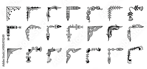 Doodle corners. Swirl line ornaments with floral flourishes and ornate filigree for vintage card, retro certificate borders and baroque elements. Vintage filigree fancy corner vector isolated set