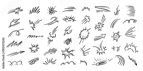 Motion doodle. Energy bursts and speed line trails for comic action, anime impact effect and cartoon dynamic movement or power. Hand drawn bomb explosion, shine accent isolated vector set