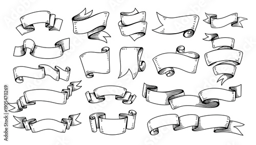 Ribbon banner doodle scroll set with engraved streamers and curled sashes for vintage certificate headlines, retro labels for classic menu or invitation. Hand drawn old ribbons vector isolated set