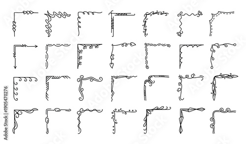 Corner doodle set with swirls and curly flourishes, vintage borders, rustic invitation, hand drawn card or scrapbook edging. Minimal ornamental corners for decorative dividers isolated vector set