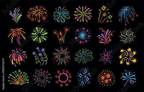 Fireworks burst doodle with crayon sparks and neon starbursts on black background for festive celebration banner and holiday party invitation. Hand drawn color pyrotechnic explosions. Vector set