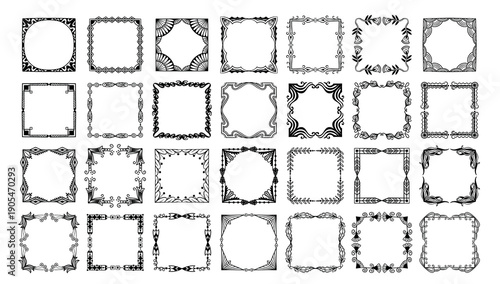 Doodle frame set with ornamental borders and vintage filigree for certificate, elegant invitation card, and baroque ornate floral greeting design. Hand drawn outline photo corners isolated vector set