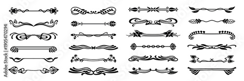 Art nouveau dividers with floral flourishes and calligraphic scrollwork vintage borders, baroque invitation and book separators, ornamental design. Black silhouette headers isolated vector set