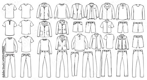 Collection of various mens clothing items, including shirts, jackets, pants, and shorts, in a line drawing style.