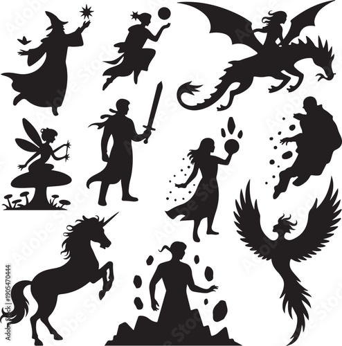 Collection of fantasy creature and people silhouettes on white background