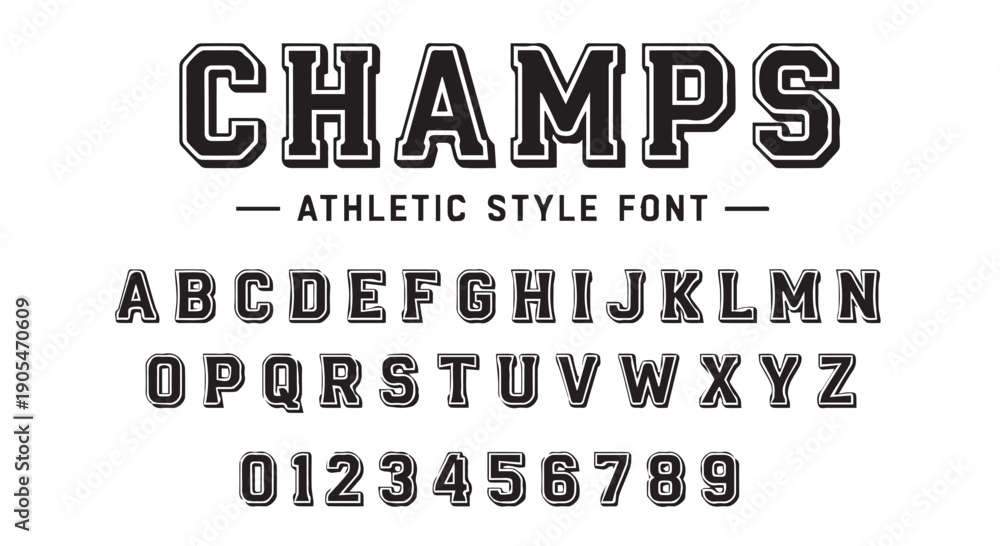 Obraz premium Champs athletic style font, bold black letters with white outline, uppercase alphabet and numbers on white background.