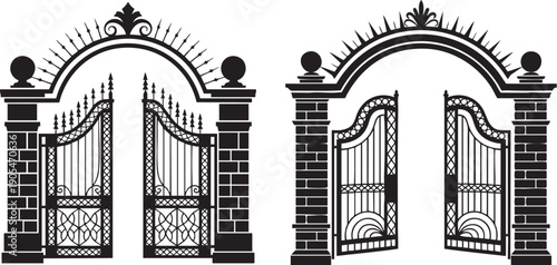 Ornate Wrought Iron Gate Design - Vintage Victorian Entrance Architecture Vector Silhouette Set