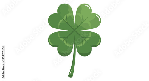 A vibrant green four leaf clover with a glossy appearance on a white background, symbolizing good luck and St. Patricks Day.