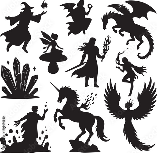 Collection of fantasy creature silhouettes on white background