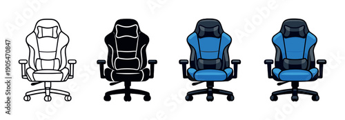 Variety of gaming chairs in different colors and styles on gray background
