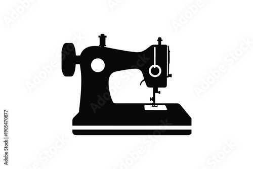 Black silhouette of sewing machine on white background, vintage style, craft object
