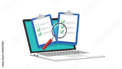 Business digital audit concept with laptop displaying checklists and magnifying glass for data verification and inspection.