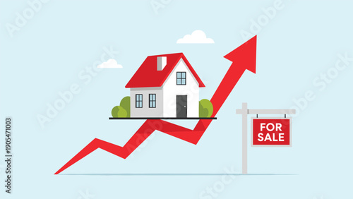 Housing price increase and real estate boom depicted by a white home on a rising red arrow next to a red for sale sign.
