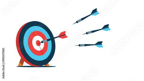 Strategic aiming and precision in business represented by a colorful dartboard with arrows flying toward the center target for successful outcomes.