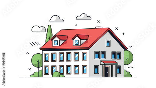 Spacious suburban apartment building or large residential house with multiple windows and a red roof surrounded by green trees and clouds.