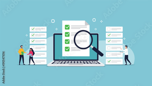 Performance review and project management workflow visualized with a laptop screen showing a checklist being audited by small professional figures.
