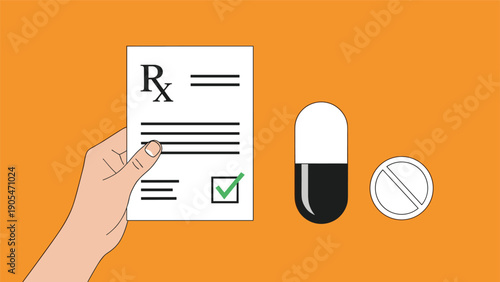 Healthcare and pharmacy services represented by a hand holding a medical prescription form next to various medicine capsules and tablets.