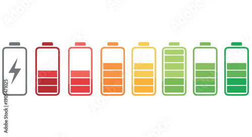 Battery icons in different colors on white background, showing various levels of charge and power status.