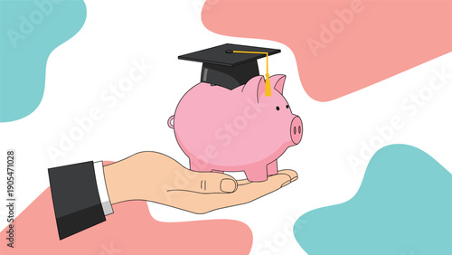 Education savings and student loan planning concept showing a pink piggy bank with a graduation mortarboard held by a professional hand.