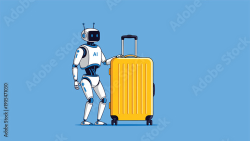 Smart travel assistant robot standing with a bright yellow suitcase on a blue background to represent futuristic tourism.