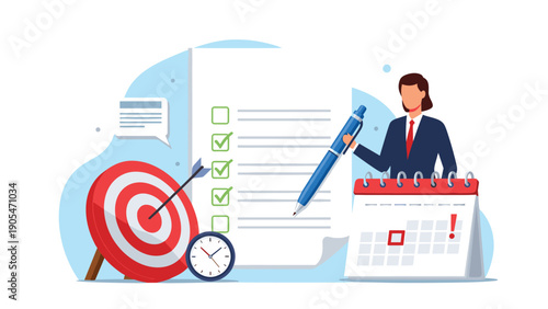 Business planning and time management concept featuring a professional woman managing tasks, deadlines, and targets with a calendar and clock.