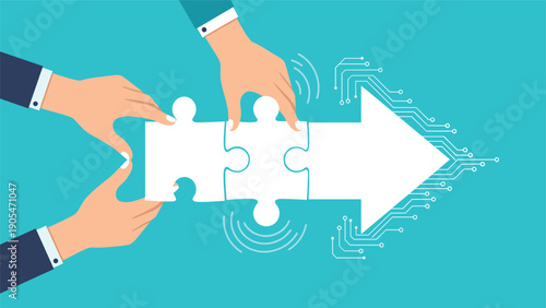 Technical innovation and teamwork shown by hands assembling circuit-patterned puzzle pieces into a large forward arrow.