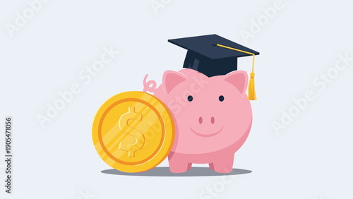 Student loan savings and education funding represented by a pink piggy bank wearing a black graduation cap with a coin.