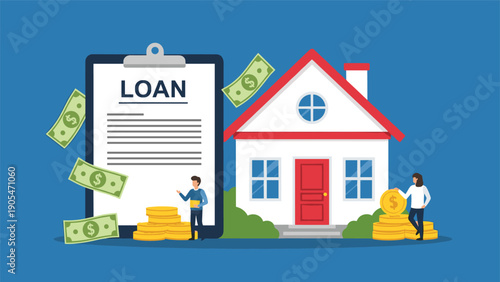Home mortgage loan approval concept with a house next to a signed agreement and stacks of golden coins with paper money.