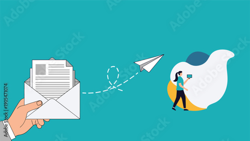 Digital communication and marketing concept showing an envelope being sent as a paper plane towards a professional woman using her device.