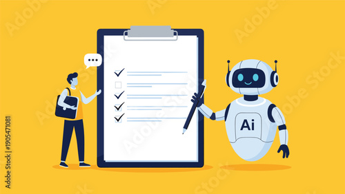 Interactive artificial intelligence assistant helps a man complete a checklist on a clipboard for better office productivity.