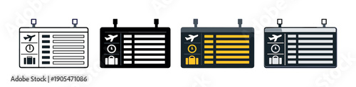 Airport departure board icons set in various colors and styles