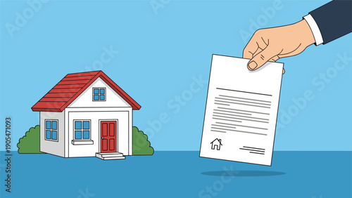 Property closing and ownership transfer with a businessman hand holding a document next to a small residential house.