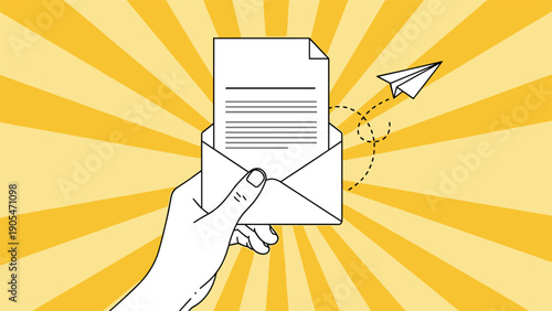 Outgoing mail and message delivery shown by a hand holding an envelope with a letter and a paper airplane taking flight.