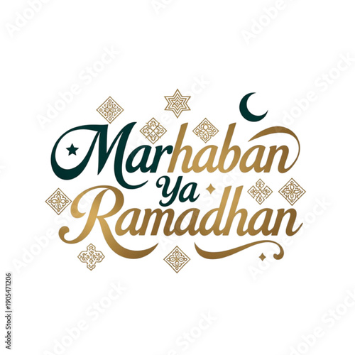 Luxury Marhaban Ya Ramadhan Arabic calligraphy design for Ramadan greetings and Islamic celebrations, featuring elegant gold and green typography